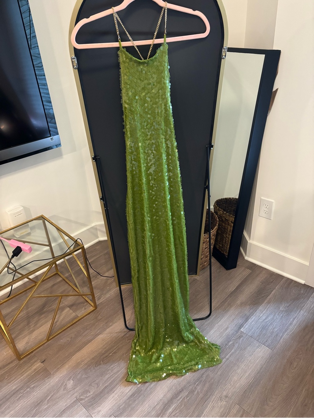 Sequin Slip Dress in Olive Green by